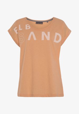 Light orange t-shirt made of soft fabric, featuring white block lettering "ELBSAND" across the chest. Round neckline and short sleeves.