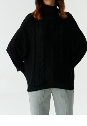 Pull à col roulé en tricot noir avec des manches amples et un ourlet côtelé, associé à un pantalon gris clair ajusté. Texture douce et coupe décontractée.