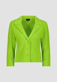 Blazer verde con tejido texturizado, cuello con muesca y cierre de tres botones. Presenta mangas largas y un ajuste entallado.