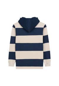 Sudadera con capucha en rayas azul marino y crema, que cuenta con un bolsillo tipo canguro, puños acanalados y un acabado de tela texturizada.