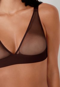 Sostén triangular marrón con copas de malla transparente y una banda suave, con tirantes delgados ajustables. Color oscuro y diseño minimalista.