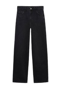 Jean large en denim noir avec un design classique à cinq poches, fermeture à bouton sur le devant et ourlets droits. Texture lisse et tissu robuste.
