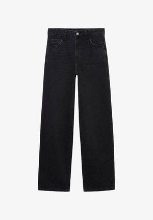 Svart denim byxor med vida ben och klassisk femfickdesign, knappstängning fram och raka fållar. Slät textur och robust tyg.