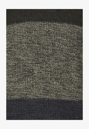 Tumeroheline, hall ja tumesinine triibuline kudum, millel on tekstuuriga disain erinevate kudumismustritega ja pehme viimistlus.