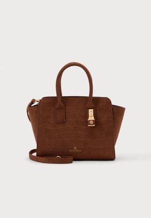 Braune Handtasche aus Kunst-Krokodilleder mit zwei Griffen, goldfarbenem Schlossdetail und abnehmbarem Schulterriemen auf neutralem Hintergrund.