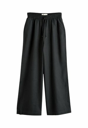 Fekete, széles szárú nadrág, gumis derékrésszel és húzózsinórral, oldalzsebekkel, laza, kényelmes szabással.