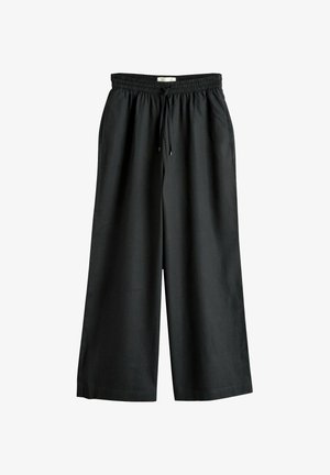 Black wide-leg pants with elastic waistband and drawstring, featuring side pockets and a loose, relaxed fit.