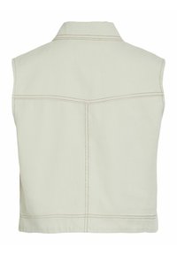 Chaqueta de mezclilla sin mangas color beige que presenta un cuello con solapa, costuras visibles y un dobladillo recto. El diseño trasero no tiene bolsillos ni adornos.