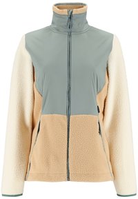 Fleece-Jacke mit einer Mischung aus beigem und cremefarbenem Sherpa-Stoff sowie einem glatten, hellgrünen oberen Teil. Hoher Kragen und Reißverschluss. Mit seitlichen Taschen.