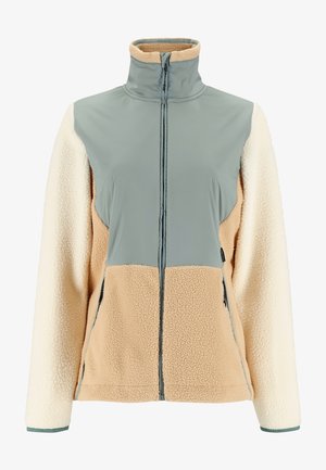 Fleece jacket featuring a mix of beige and cream sherpa fabric with a smooth light green upper. High collar and zip closure. Side pockets included.