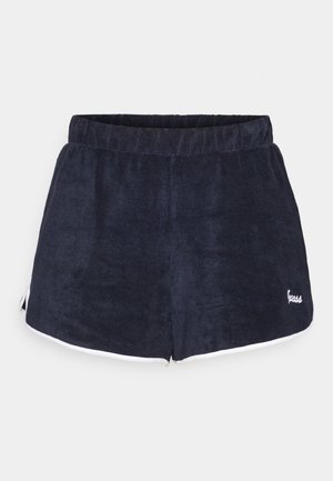 Marineblauwe badstof shorts met een zachte textuur, voorzien van een witte rand en een klein logo aan de rechteronderzijde. Elastische tailleband.