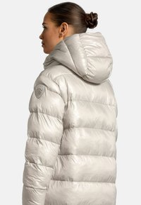 Lichtgrijze donsjack met een glanzende afwerking, capuchon en gestikte secties. Voorzien van een logopatch op de schouder.