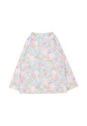 Camicia per bambini a maniche lunghe con sfondo azzurro chiaro e motivo floreale rosa, giallo e bianco, collo a giro.