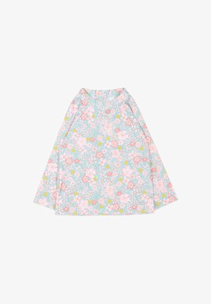 Chemise enfant à manches longues avec fond bleu clair et motif floral rose, jaune et blanc, col rond.