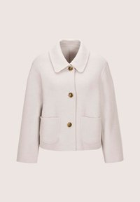 Lichtbeige wollen jas met een brede kraag, drie bruine knopen aan de voorkant en twee opgestikte zakken ter hoogte van de taille.