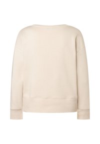 Beige sweatshirt met lange mouwen en ribbels aan de mouwen en onderkant, getoond van achteren op een effen witte achtergrond.