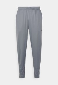 Ljusgrå träningsbyxor med elastisk midja och subtil svart Nike-logotyp på övre lår, avsmalnande vid anklarna.