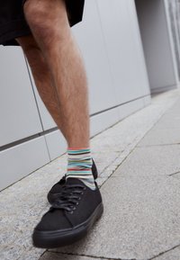 Black canvas sneakers with round toe and lace-up design, paired with colorful striped socks. Surface is smooth, with a flat sole.