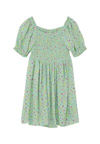 Mintgrünes Kleid mit kurzen Puffärmeln und einem gerafften Oberteil. Es hat einen mehrfarbigen gepunkteten Druck und einen fließenden Rock.