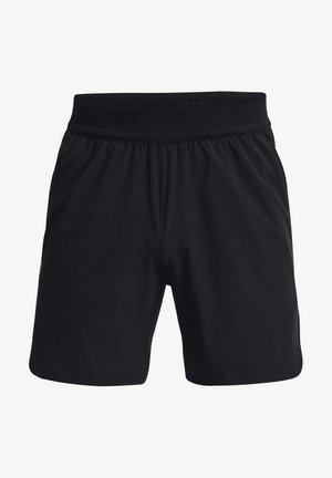 Czarne sportowe szorty wykonane z lekkiego materiału, z elastycznym pasem w siateczkę oraz bocznym akcentem z logo.