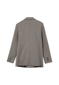Blazer quadrillé brun et blanc avec un col cranté, des manches longues et des accents de boutons aux poignets ; tissu texturé avec une coupe ajustée.
