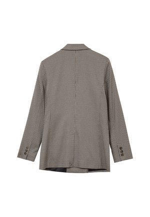 Braun-weißer kariierter Blazer mit Reverskragen, langenÄrmeln und Knopfverzierungen an den Manschetten; strukturierter Stoff mit taillierter Passform.