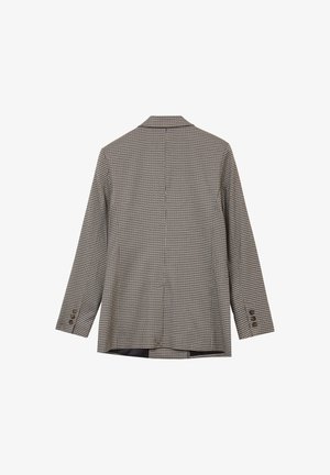Blazer a quadri marroni e bianchi con colletto a punta, maniche lunghe e dettagli con bottoni sui polsini; tessuto textured con vestibilità sartoriale.