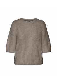 Pull en maille taupe à manches courtes avec une texture gaufrée et un col rond, coupe ample.