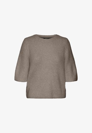 Krótkorękawowy sweter dziany w kolorze taupe z fakturą wafla i okrągłym dekoltem, luźny fason.