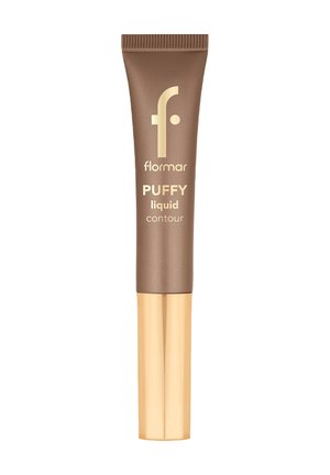 Flormar Puffy Liquid Contour makeup tube with brown body and gold cap, designed for facial contouring.