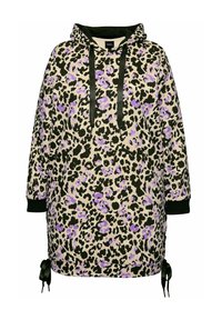 Beige hoodie met luipaardprint, voorzien van paarse vlekken. Trekkoordkap, zwarte accenten bij de mouwen en de zoom, met verstelbare strikken aan de zijkanten.