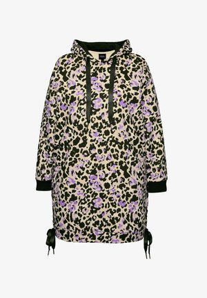 En beige hoodie med leopardprint, der har lilla pletter. Snoretræk i hætten, sorte detaljer ved manchetten og sund, samt justerbare snore i siderne.