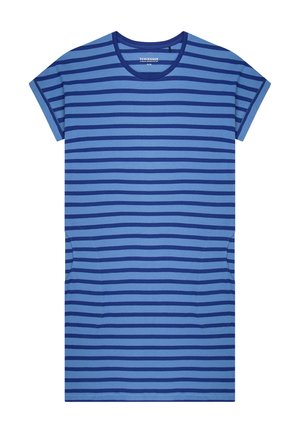 Kurzärmeliges Kleid mit horizontalen Streifen in Blau und Dunkelblau, Rundhalsausschnitt und Seitentaschen, flach liegend auf weißem Hintergrund.