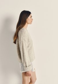 Sweater en peluche gris clair avec épaules dénudées, coupe ample, poignets côtelés, associé à un short gris clair, vu de côté sur un fond uni.