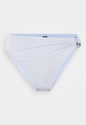 White bikini bottom with a shiny texture, featuring a gathered design on one side, and a small metal accent near the waistband.