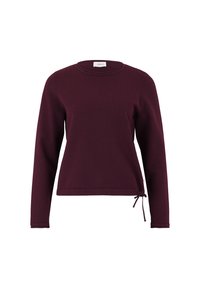 Pull en bordeaux à manches longues avec un col rond et un détail de nœud sur le côté, réalisé en maille douce, avec une coupe décontractée et des lignes épurées.