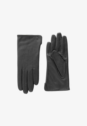 Czarne skórzane rękawiczki o gładkiej fakturze, zaprojektowane z trzema szwami na wierzchu i jednym skośnym szwem po stronie dłoni.