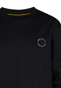 Donkerblauwe sweatshirt van een katoenmix. Voorzien van een ribbelboord aan de hals en een klein zwart label met witte tekst op de linkerborst.