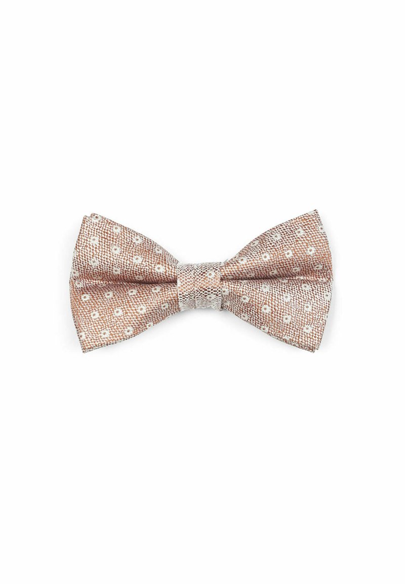 Fliege aus hellbraunem, strukturiertem Stoff mit weißen Punkten. In der Mitte mit einem glatten silbernen Akzent versehen. Symmetrische Form mit spitzen Enden.