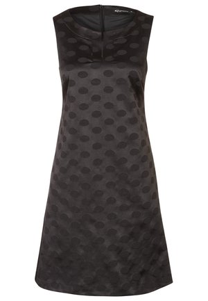 Robe noire sans manches en tissu texturé avec des motifs de pois en relief, un col rond et une fermeture éclair au dos.