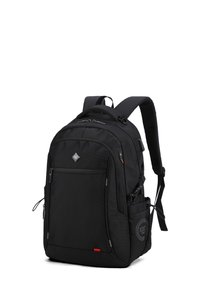 Sac à dos en nylon noir avec des bretelles rembourrées, plusieurs compartiments zippés, une poche latérale et un patch de logo. Texture lisse avec des coutures renforcées.