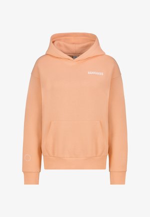 Pfirsichfarbener Kapuzenpullover aus weichem Material. Mit einer Vordertasche, gerippten Bündchen und dem aufgedruckten Text "HAPPINESS" auf der Brust.
