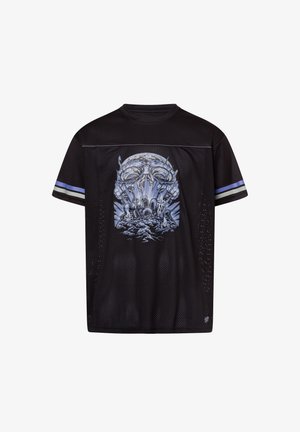 Black mesh short-sleeve shirt featuring a blue graphic design of a face and clouds. Accented with blue and gray stripes on sleeves.