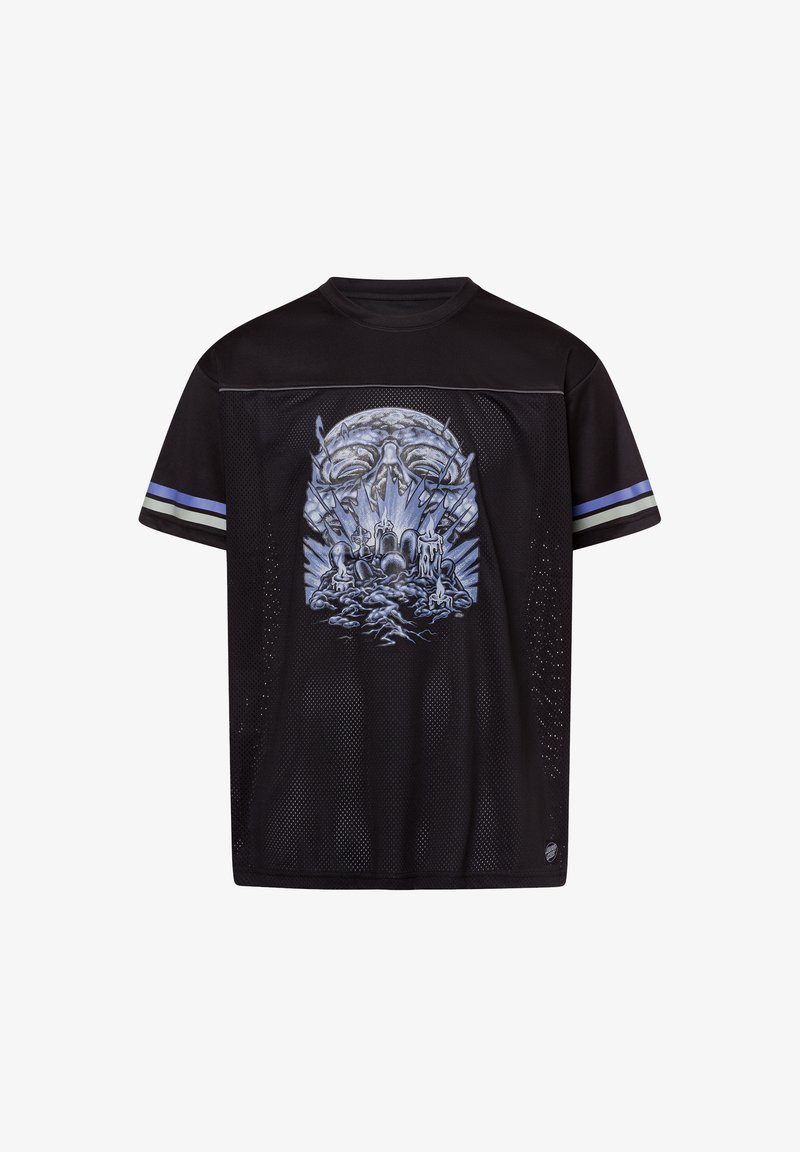 Zwarte mesh short-sleeve shirt met een blauw grafisch ontwerp van een gezicht en wolken. Accentueert met blauwe en grijze strepen op de mouwen.