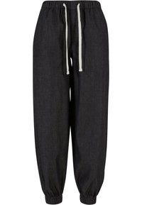 Black jogger pants made of soft fabric, featuring an elastic waistband with drawstrings, cuffed ankles, and a relaxed fit.