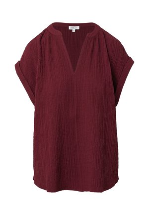 Burgunderfarbene Bluse mit kurzen Ärmeln und V-Ausschnitt, strukturierter Stoff, lockere Passform und umgeschlagenen Ärmeln. Schlichtes Design ohne zusätzliche Muster oder Akzente.