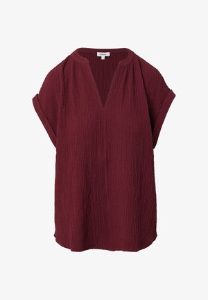 Blouse bordeaux à manches courtes avec un col en V, en tissu texturé, coupe décontractée et manches retroussées. Design simple sans motifs ou accents supplémentaires.