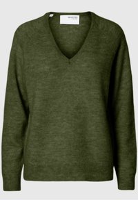 Maglione verde a maglia con scollatura a V, maniche raglan lunghe e vestibilità rilassata. Tessuto morbido con polsini e orlo a coste.