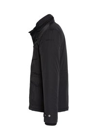 Giacca imbottita nera con collo alto, chiusure a zip e bottoni a pressione, multiple tasche e tessuto strutturato per il calore.