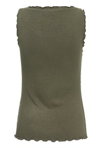 Débardeur en maille côtelée sans manches couleur vert olive avec des bords festonnés au niveau du col, des emmanchures et de l'ourlet.